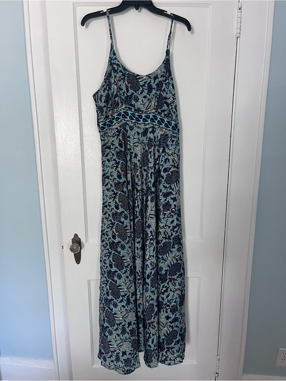 Blue-Green Printed Maxi Dress with Slim Straps